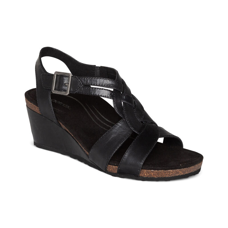 Aetrex Womens Keira Woven Quarter Strap Wedges Black - RnjZWc9nL